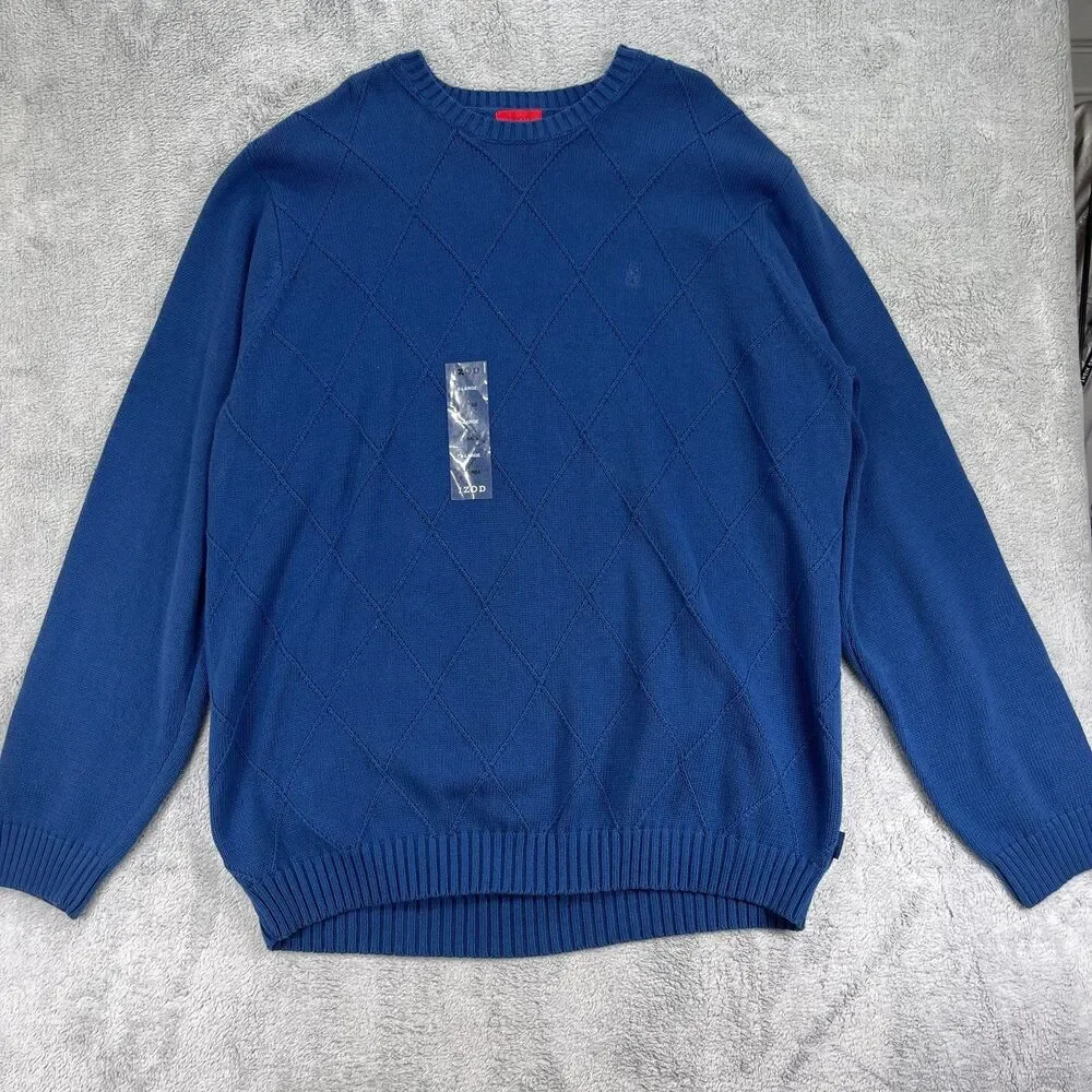 IZOD Sweater Men‎ XL Victory Blue Windowpane Pullover Knit Cotton 447909